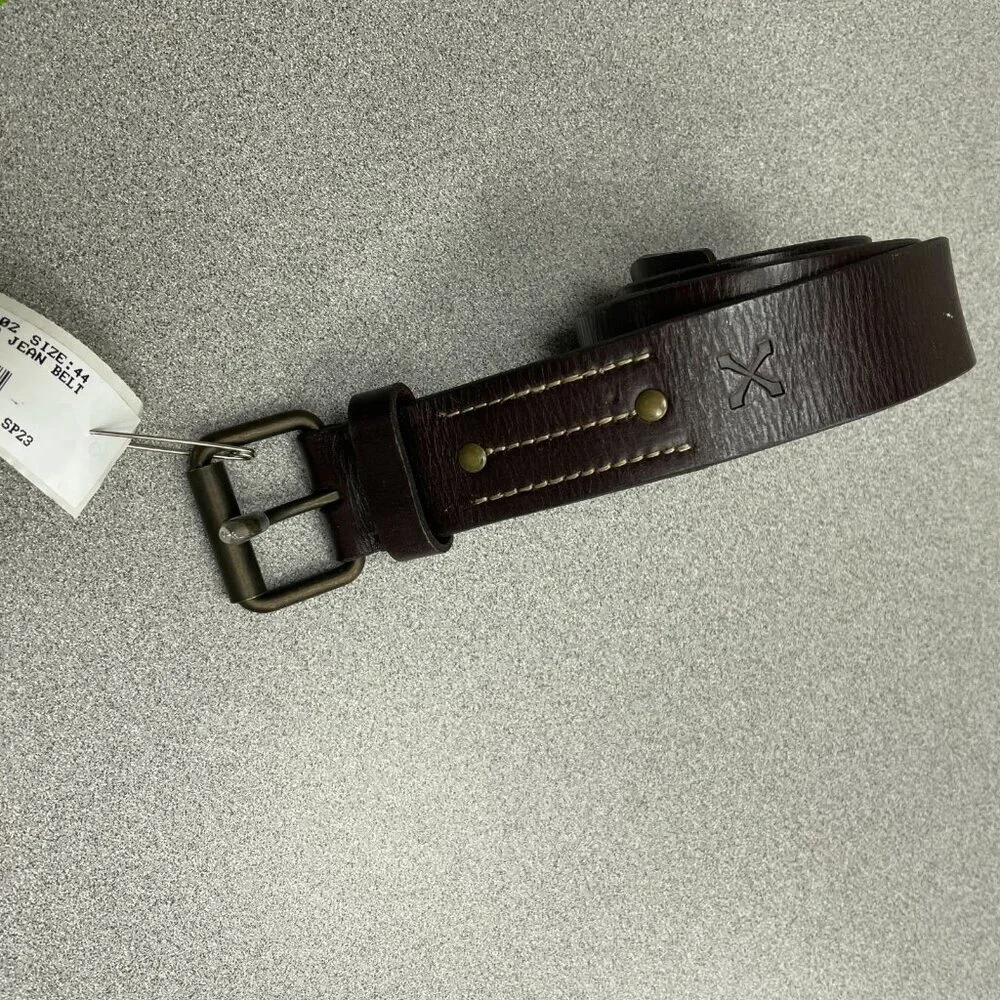 Men's Belt Size 44 Chocolate Leather Jean Belt Antique Brass Buckle i1783